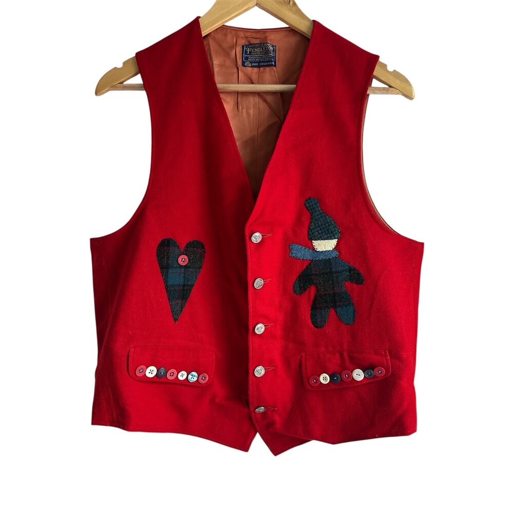 Vintage Reclaimed Pendleton Medium Pure Virgin Wool‎ Red Embellished Vest
